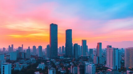 Fototapeta premium Stunning Bangkok Skyline at Dusk with Illuminated Skyscrapers