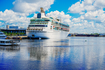 Tampa, FL, USA - 09 19 2024: Tampa cruise port and downtown landscape	