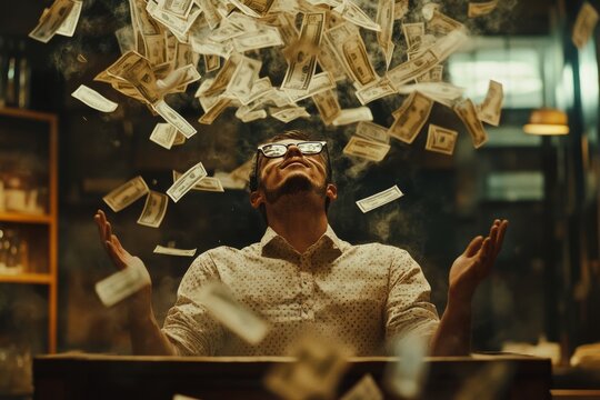 A wealthy man surrounded by flying paper dollars, symbolizing abundance and prosperity