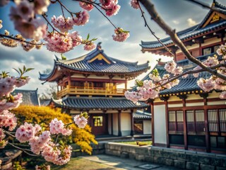 Fototapeta premium Escape to Romancelandia: Architectural Beauty Under Cherry Blossoms for Timeless Wallpaper Backgrounds