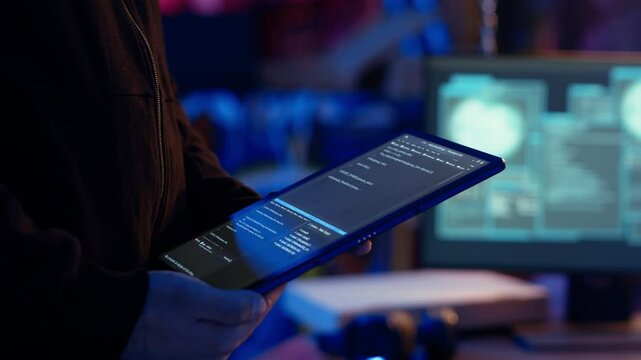 Hacker using VPN as anonymity tool to mask his online identity while committing data breaches using tablet. Cybercriminal in bunker masking his location, hacking with device, camera B close up