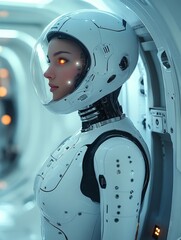 Cyborg Woman in a White Spacesuit
