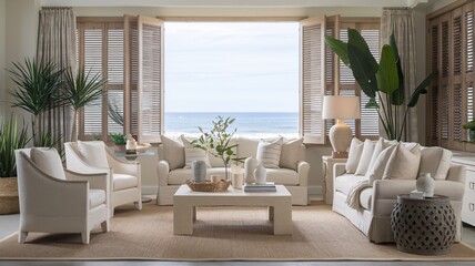 Coastal Beach A coastal living room with white furniture, a large window overlooking the ocean, and natural textures.