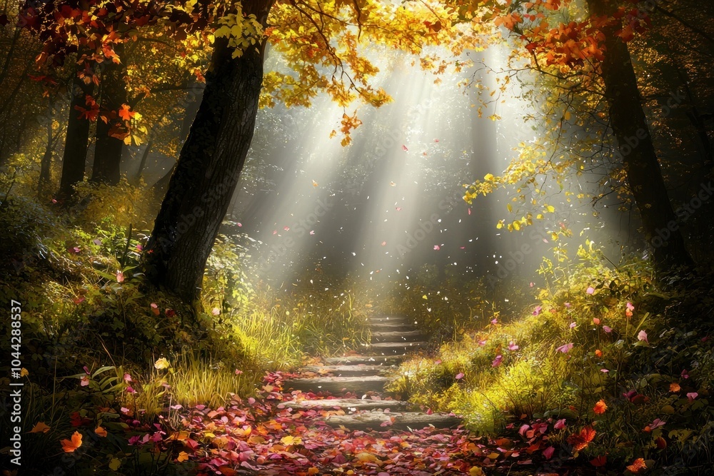 Aufkleber sunbeams filtering through autumn forest with stone steps