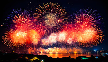 Vibrant abstract background featuring colorful fireworks, perfect for festive celebrations, party designs, or promotional events, creating a dynamic and eye-catching visual with bursts of bright color