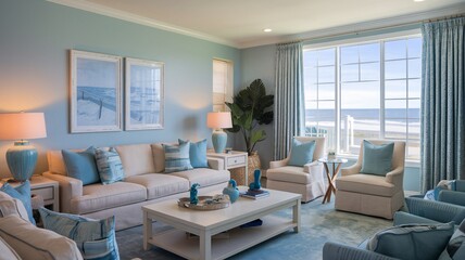 Fototapeta premium Coastal Beach Coastal living room with blue and white decor, featuring a couch, two chairs, and a coffee table. The room has a large window with a view of the ocean.
