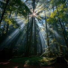 Fototapeta premium Magical forest clearing with rays of sunlight breaking through the trees