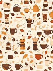 Obraz premium Coffee-Themed Vector Pattern for Kitchen Towel Featuring Vintage Coffee Pot, Mugs, and Beans in Earthy Tones