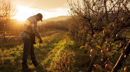 Fototapeta premium A Farmer Working in His Orchard at Sunset