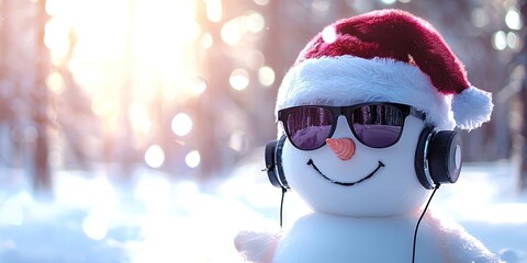snowman with santa hat, sunglasses, and headphones in a winter forest