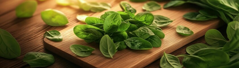 Fototapeta premium Vegetarian concept. A bunch of green leaves are on a wooden cutting board