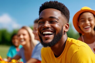 A group of friends laughing together at a picnic, capturing the joy of shared laughter and carefree moments