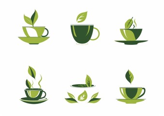 set of Vector Logo Featuring Green Tea Elements with Multiple Design Options, Including Cups and Leaves on a White Background