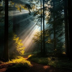 Obraz premium Magical forest clearing with rays of sunlight breaking through the trees