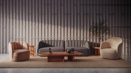 Contemporary Modern living room with a grey sofa, two armchairs, a coffee table, and a plant.