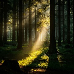 Obraz premium Magical forest clearing with rays of sunlight breaking through the trees