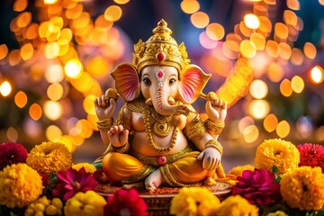 Obraz premium Happy Ganesh Chaturthi Celebration with Golden Lord Ganesha Sculpture in Vibrant Festive Setting