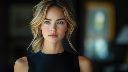 Fototapeta premium A Blonde Woman in a Black Tank Top Looking Directly at the Camera