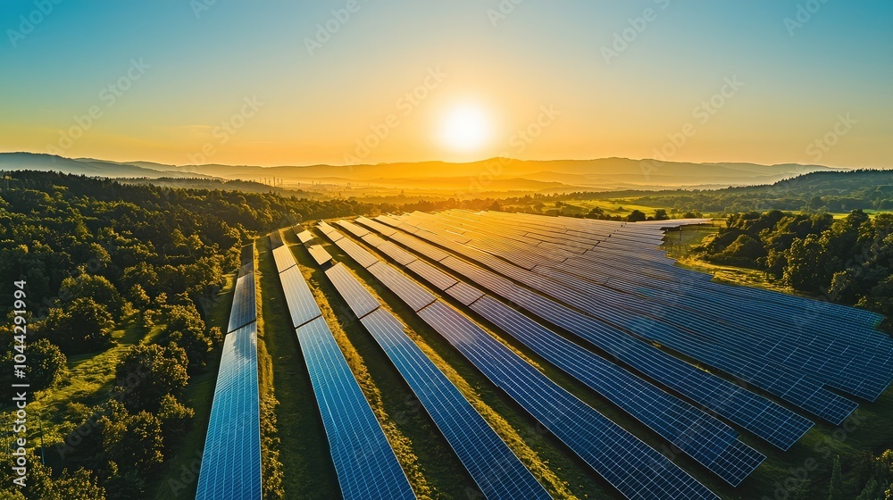 Wall mural modern solar power plant at sunset