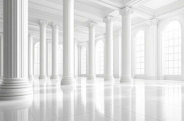 Vector Illustration of a White, Empty Room with Large Columns, Showcasing Modern Interior Design for an Office or Industrial Building

