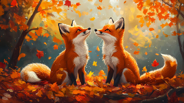 Two cheerful foxes sit in a vibrant autumn forest, surrounded by colorful leaves, embodying the spirit of fall. Spirit Fox. Illustration