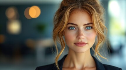 Obraz premium Close-up Portrait of a Young Woman with Blue Eyes and Blonde Hair