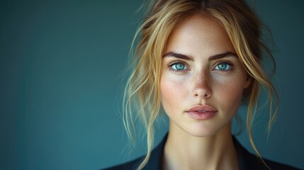 Naklejka premium Close-up Portrait of a Woman with Blonde Hair and Blue Eyes