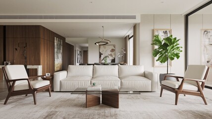 Fototapeta premium Contemporary Modern living room with white sofa, wooden accents, and large windows.