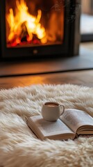 Fototapeta premium Cozy Scene with Warm Beverage and Fluffy Rug