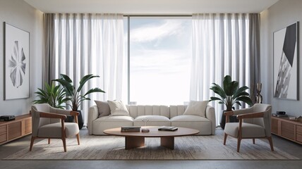 Fototapeta premium Contemporary Modern living room with large windows, a white sofa, two armchairs, and a coffee table.