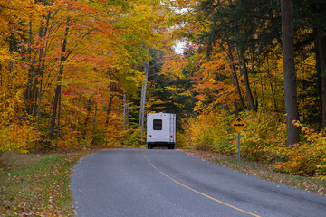 Camper van truck driving on a road surrounded by colorful maple trees with bright yellow leaves in...