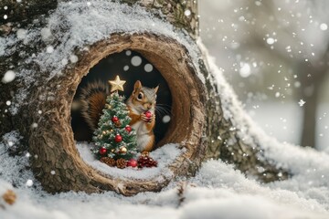Adorable squirrel adorns mini christmas tree inside cozy tree hollow on a snowy winter day © Yevhen