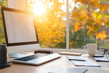 A desk with a laptop, desktop computer, notebooks, and a mug in front of a window with autumn leaves outside.