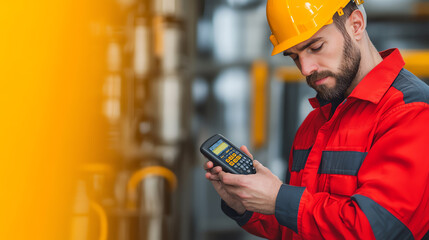A focused worker in a red uniform and yellow hard hat uses a handheld device in an industrial setting, showcasing dedication and professionalism.