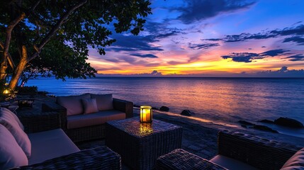 Fototapeta premium Serene Outdoor Lounge by the Seaside at Sunset