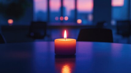 A Single Lit Candle on a Table Against a Blurred Cityscape at Dusk