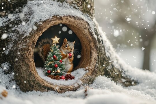 Adorable squirrel adorns mini christmas tree inside cozy tree hollow on a snowy winter day