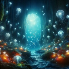 Fototapeta premium Mystical underwater cave with glowing sea creatures