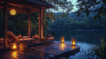 Obraz premium Serene Deck Beside Tranquil Pond at Dusk