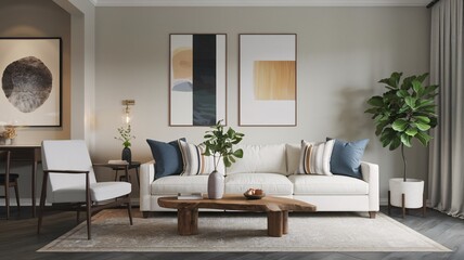Contemporary Modern living room interior design with white sofa, wooden coffee table, and art prints.