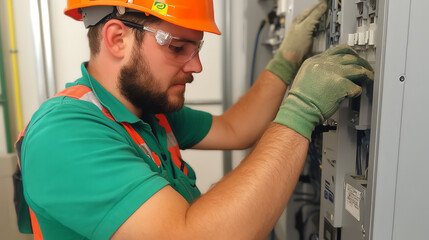 A skilled technician in an orange helmet and green shirt works diligently on an electrical panel, ensuring safety and efficiency in operations.