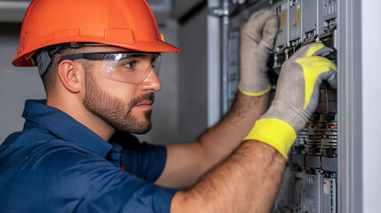 A skilled technician in safety gear works on electrical equipment, ensuring safety and precision in an industrial setting.