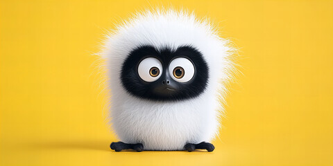 Fototapeta premium Banner showing fluffy, adorable, animated creature antics against bright yellow minimalistic background, filled with charm, and inviting cheerful looks image