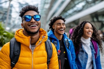 Cyberpunk group of friends laughing while exploring a futuristic marketplace, showing the joy of discovery and connection in a cyberpunk setting