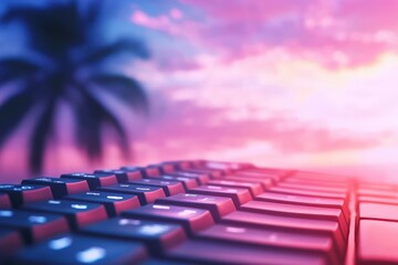 Obraz premium A black keyboard sits in front of a tropical beach sunset, symbolizing work-life balance and remote work.