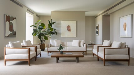 Contemporary Modern living room with white furniture and wooden accents.