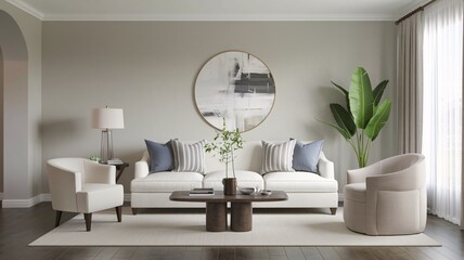 Contemporary A modern living room with a white sofa, two armchairs, a coffee table, and a large circular painting on the wall.