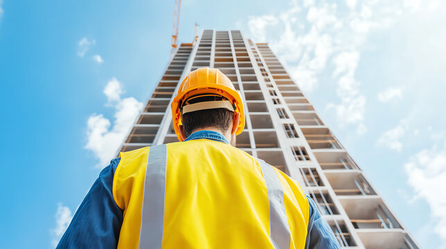 Construction worker in a yellow helmet and vest observing a tall building under construction, blue sky with clouds in the background.