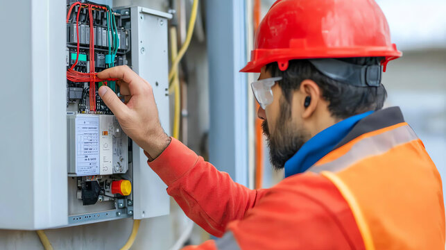 Electrician working on a control panel, wearing safety gear, focused on maintenance tasks, ensuring proper electrical functioning.