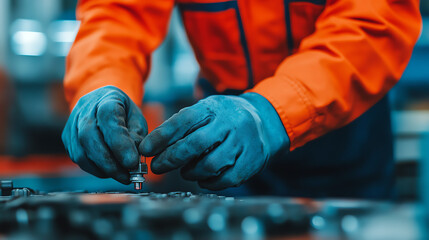 Worker in safety gloves assembling machine parts in a manufacturing workshop.